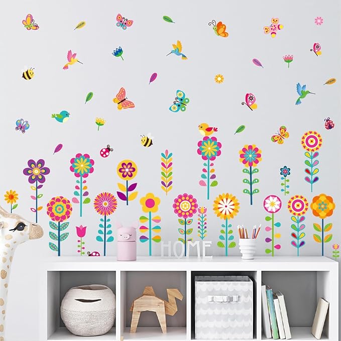 124 Pcs Spring Garden Wall Decals – 16 Sheets Waterproof Vinyl Flower Stickers for Baseboard Skirting Board, Peel and Stick Floral Decals with Butterflies Bees Birds for Nursery Kids Room Classroom