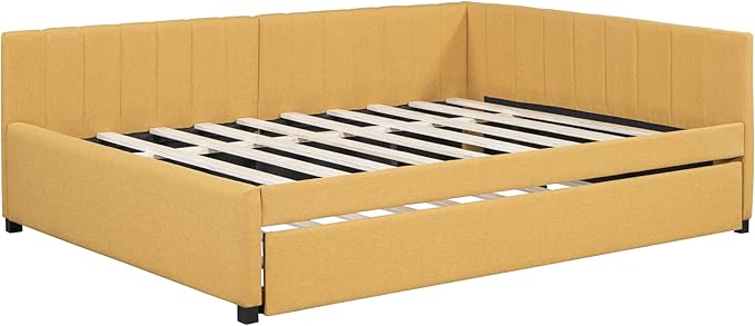 Harper & Bright Designs Full Size Upholstered Daybed with Trundle Sofa Bed Frame for Boys Girls Kids Adults Toddler No Box Spring Needed, Linen Fabric(Yellow)