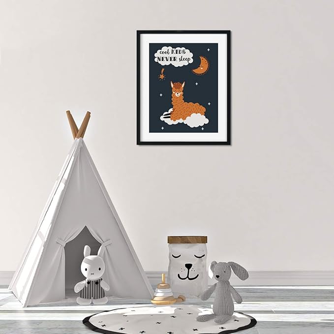 Andaz Press Nursery Kids Room Scandinavian Hello Llama Wall Art Decor Poster Prints, 8.5 x 11-inch, Scandinavian Cool Kids Never Sleep Llama Graphic, 1-Pack, Unframed
