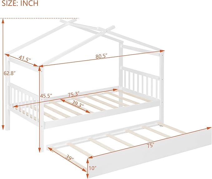 Harper & Bright Designs Twin House Bed for Kids, Wood Platform Bed with Trundle, Montessori Bed with Roof, Playhouse Trundle Beds for Kids,Teens, Bedroom, White