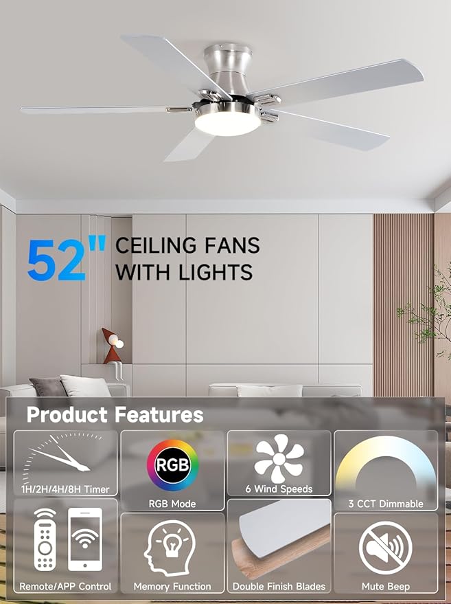 52 Inch Ceiling Fans with Lights, RGB Ceiling Fan with Remote and App,Flush Mount Low Profile, Dimmable 35W LED, Reversible, Smart Ceiling Fan for Bedroom Nursery Living Room Apartment,Nickle