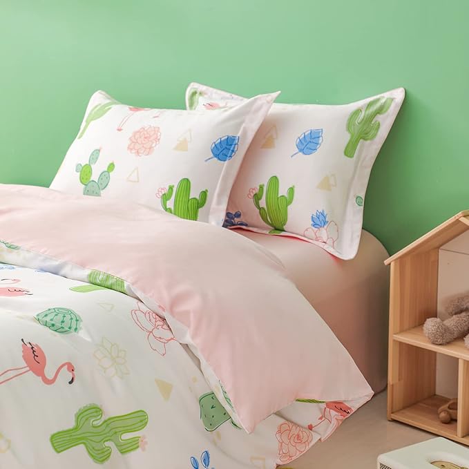 Simple&Opulence 100% Organic Cotton Duvet Cover for Kids Teens, 4 Pieces Soft Comforter Cover with Zipper Closure Warm Adorable Flamingo Bedding Set - Cactus, Full/Queen
