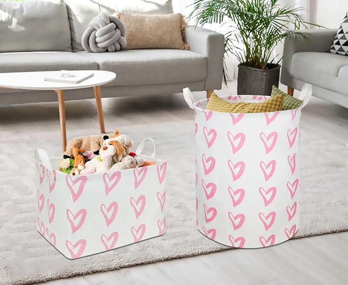 CLOCOR Rectangular Pink Heart Basket Empty, Storage Bin, Waterproof Book Box with Handles, Gift Basket(Pink Heart)