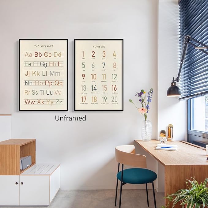 perasi 2pcs Alphabet and Numbers 1-20 Poster, Abc Letters Learning Charts for Toddlers 1-3, Numbers Canvas Wall Art for Nursery Classroom Wall, Kids Playroom Educational Print 12x16in Unframed