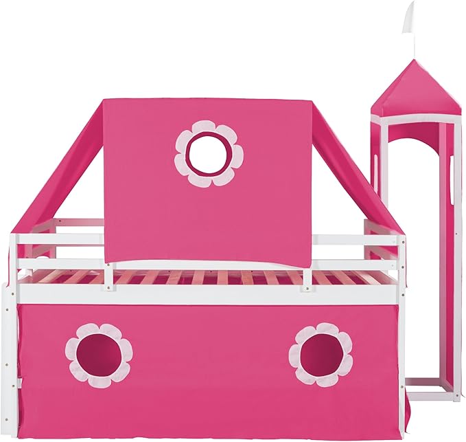 Full Size Low Loft Bed with Slide & Tent and Tower, Playhouse Design Solid Wood Tent Bed Frame for Kids Boys Girls, Versatile Spacious Under Bed Space with Curtains (Pink-FF)