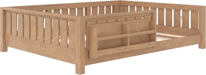 Bellemave Full Size Floor Bed with Slats and Safety Guardrail, Full Size Montessori Floor Bed with Fence and Built-in Bookshelf, Easy Assemble Montessori Beds for Kids, Girls, Boys, Natural