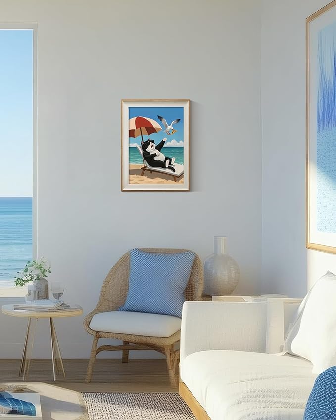 ARPEOTCY Framed Canvas Wall Art, 12x16 Inch Funny Black and White Cat on the Beach Print, Coastal Wall Decor for Bathroom, Bedroom, or Living Room, Humorous Gift for Cat Lovers