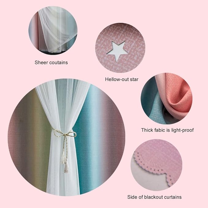 FANLI Ombre Rainbow Blackout Curtains for Kid Girls Bedroom Living Room Darking Stripe Double Layer Star Cut Out Wall Home Decor Gradient Grommet Window Curtains (Pink/Blue, 52W x 95L)