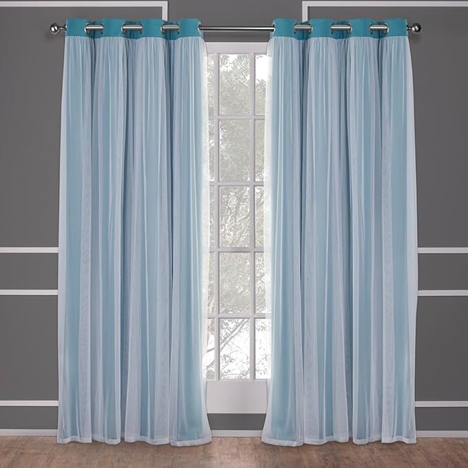 TOWN & COUNTRY LUXE Talia Double Layer Indoor Curtains, Sheer and Room Darkening Blackout, Grommet Top, Energy Efficient, 2-Pack Set, 52"x120", Turquoise