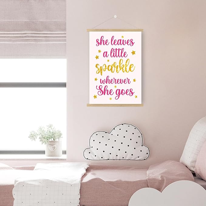 Qswo Inspirational Quotes Wall Decor for Women,She Leaves A Little Sparkle Wherever She Goes Wall Art Poster Hanger Frame,Motivational Hanging Canvas Wall Decor for Girl Room Dorm Home Office
