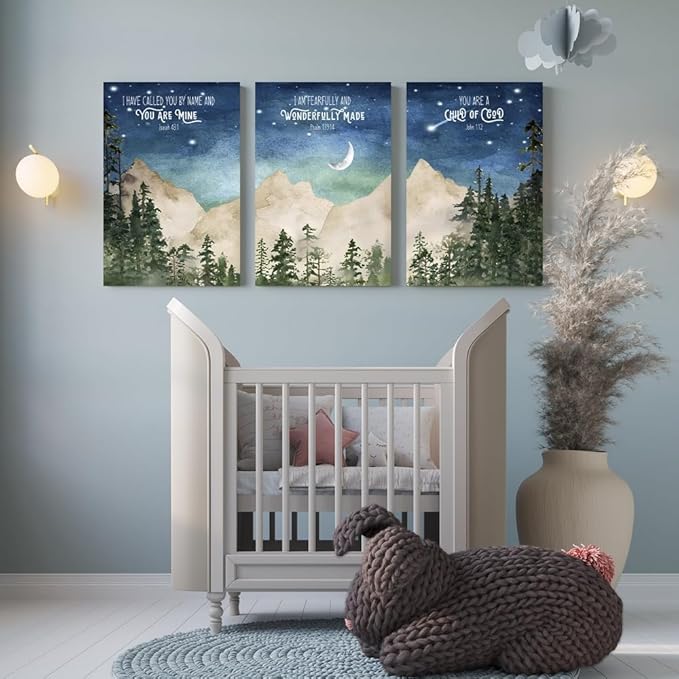 Nursery Scripture Wall Art, Set of 3 Nursery Bible Verse Wall Decor, Star Night Mountain Forest Wall Art, Nature Woodland Decor Canvas Prints, Inspirational Christian Kids Art, Framed 16"x24"