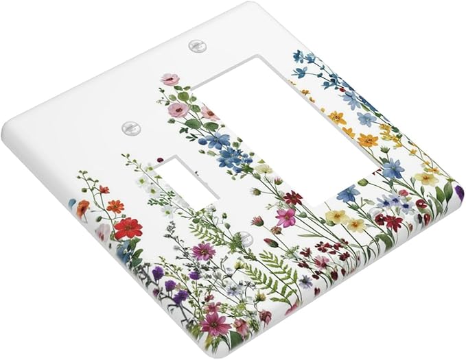 Outlet Covers Colorful Wildflowers Plants Flowers on White Background 2 Gang Combo Light Switch Cover Plate Toggle Rocker Socket Covers Decorative Switch Plates and Outlet Cover