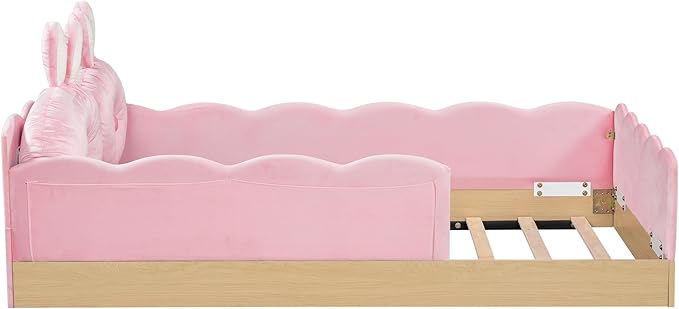 Lovely Twin Size Upholstered Platform Bed with 2 Soft Pillows and Storage Bags, Princess Bed Frame with Cute Rabbit Ear Shaped Headboard and Guardrails for Bedroom, No Box Spring Required (Pink-X52)