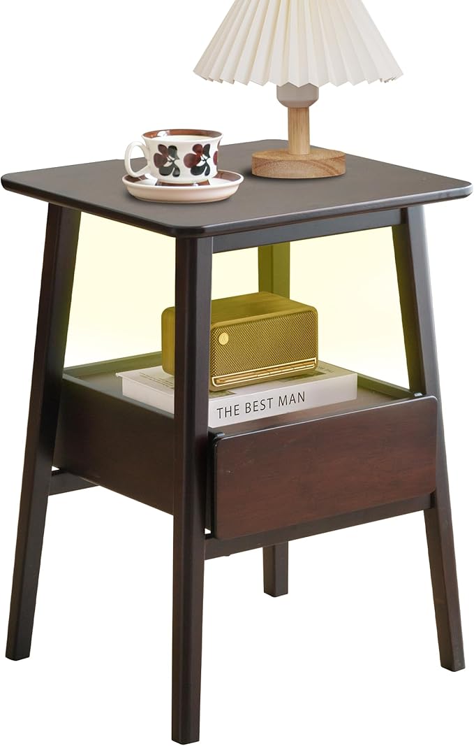 Night Stand with Drawer, Mid Century Modern Nightstand, Bedside Tables with Open Storage Shelf,Large Storage End Table, Bamboo Night Stands for Bedrooms