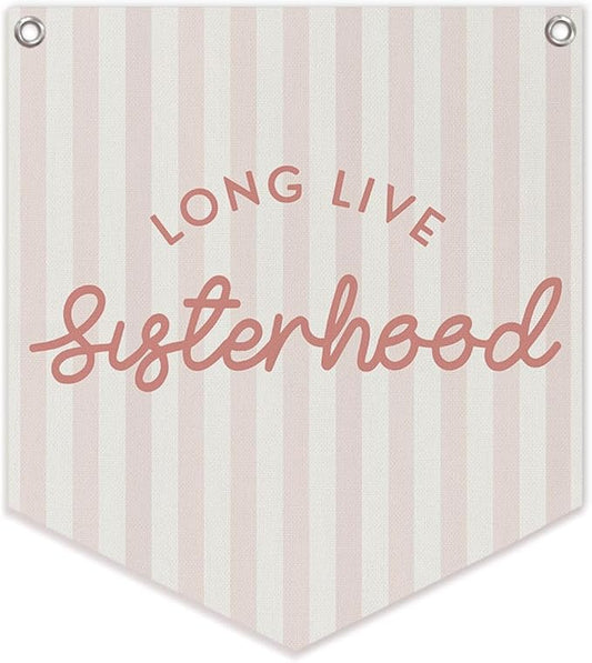 Lacama Girl Room Decor, Long Live Sisterhood Linen Banner Hanging Flag Retro Pink Banner for Nursery Playroom Wall Decor for Kids Bedroom Dorm Toddler Decorations Trendy Room Decor 12.4x14 in