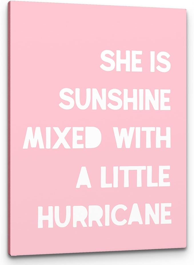 PHAMTE Girls Bedroom Wall Decor,She Is Sunshine Mixed With a Little Hurricane Girls Room Wall Art,Sunshine Print Framed Canvas Painting Artwork Girl Room Bedroom Home Nursery Playroom(11x14 Inch)（Pink）
