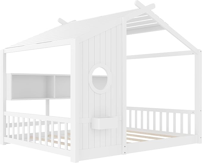 Full Size Floor House Bed with Roof and Window for Kids, Wooden Playhouse Bed with Storage Shelves for Bedroom Furniture Girls & Boys (White/L1, Full)