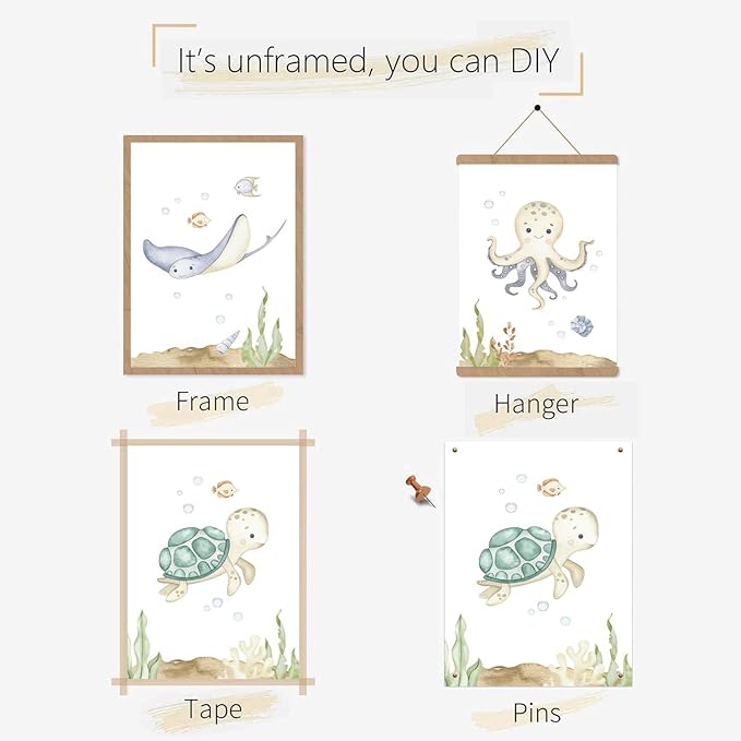 Wodkwq Nursery Wall Art Sea Animal Canvas Prints Baby Girl Boy Room Decor Watercolor Paintings Pictures Cute Ocean Theme Toddler Room Decoration Set of 3 for Kids Bedroom Bathroom 12x16in Unframed
