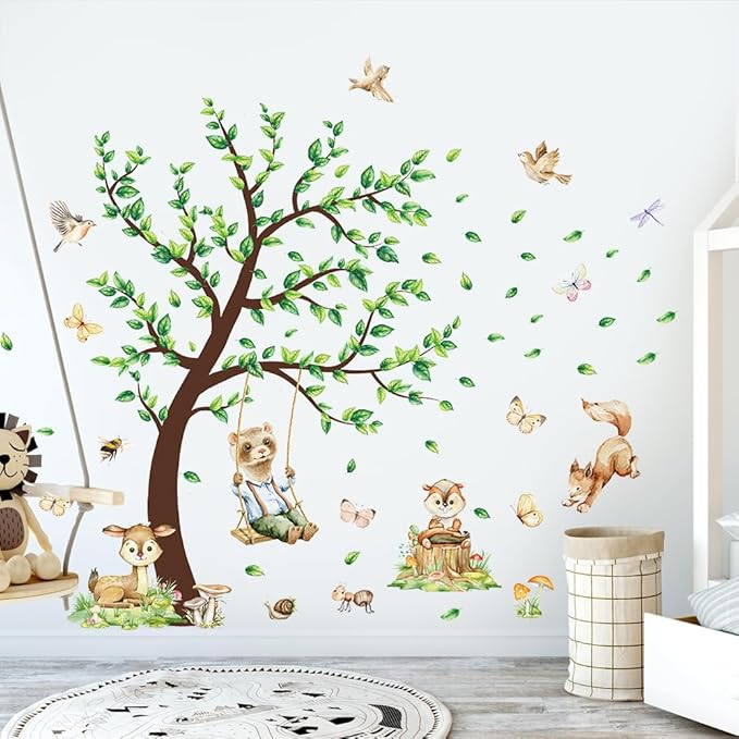 Jungle Animals Wall Decals Woodland Nursery Animals Large Tree Wall Stickers Watercolor Ferret Deer Fox Squirrel Home Decal Stickers for Baby Nursery Kids Bedroom Toddler Room Wall Decor