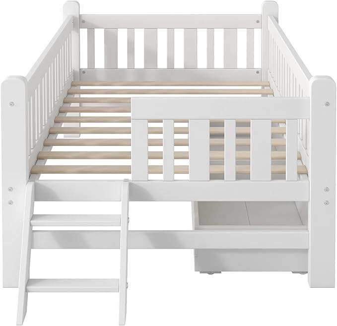 LUMISOL Twin Size Kids Bed Frame with Storage Drawers, Wood Twin Size Floor Bed with Safety Guardrail and Ladder for Girls Boys Teens, White