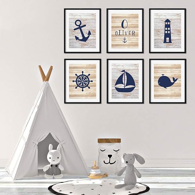 Andaz Press Personalized Ocean Nautical Sailor Theme Nursery Kids Bedroom Hanging Wall Art Decor, 8.5x11-inch, Rustic Distressed Wood, Anchor, 6-Pack, Custom Name Unframed Room Poster