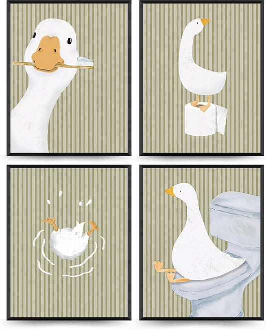 Wheatwin Kids Bathroom Decor, Goose Nursery Animal Poster Prints, Bathroom Wall Decorations for Kids Toddler Boys Girls Toilet Washroom Farmhouse, 8x10 Unframed 4Pcs - Sage Green
