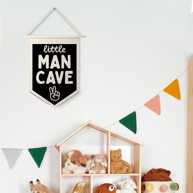 Qpenm Little Man Cave Wall Hanging Canvas Banner, Boys Room Decor, Modern Black and White Peace Sign Nursery Hanging Pennant Flag Posters Prints for Toddler Baby Little Boy Kids Room Playroom Decor