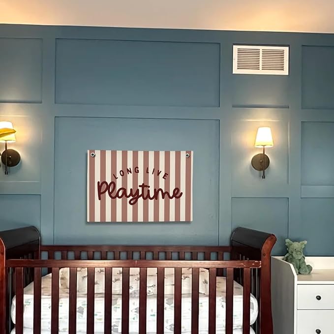 Playroom Decor, Long Live Playtime Wall Hanging Linen Banner, Blue Striped Wall Flag for Kids Room Nursery Playroom Decor, 20x30 Inch-Red