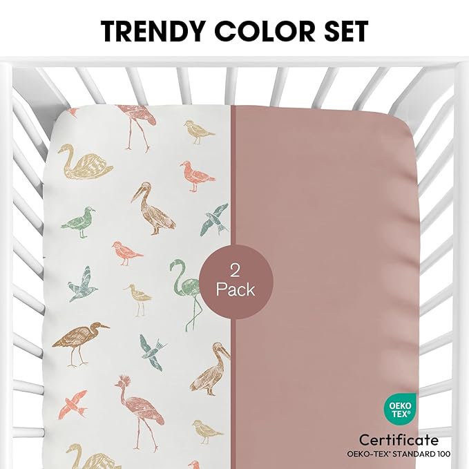 Little Grape Land Crib Sheets for Boys and Girls, 2pk Baby Crib Fitted Sheet for Standard Size Crib and Toddler Mattress, Super Soft Baby Sheet, Wetland Birds