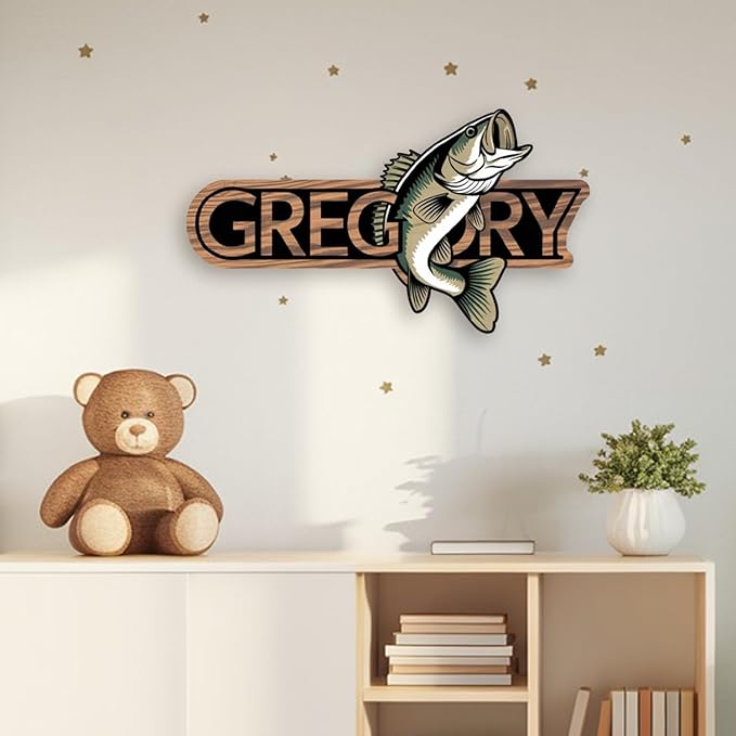 Personalized Nursery Sign, Fishing Wooden Sign with Name, Hello World Newborn Sign, Fishing Sign for Kid Room Decor, Baby Gifts for Boy, Custom Baby Name Sign, Baby Boys Wall Art Bedroom