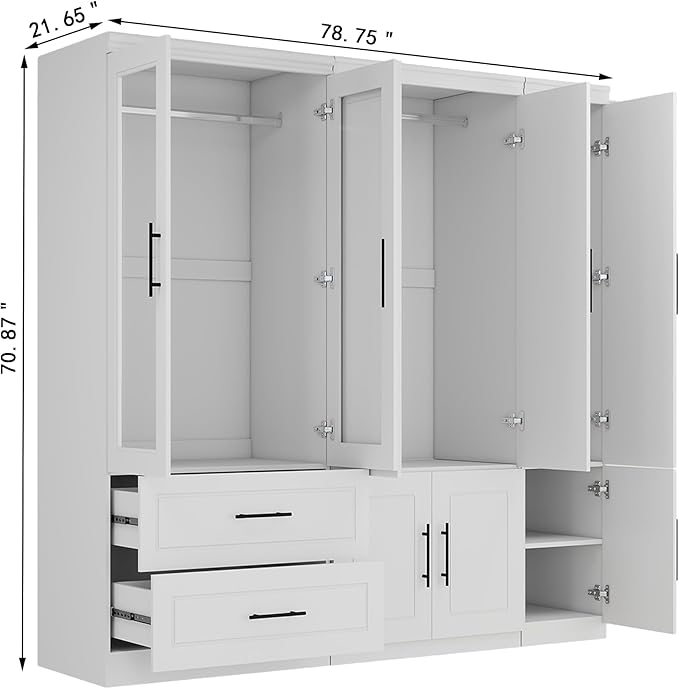 5 Door Armoire Wardrobe Closet with Mirror: Wood Wardrobe Closet Combination Bedroom Armoire 2 Drawer with Hanging Rods Glass Door for Home/Bedroom/Living Room White