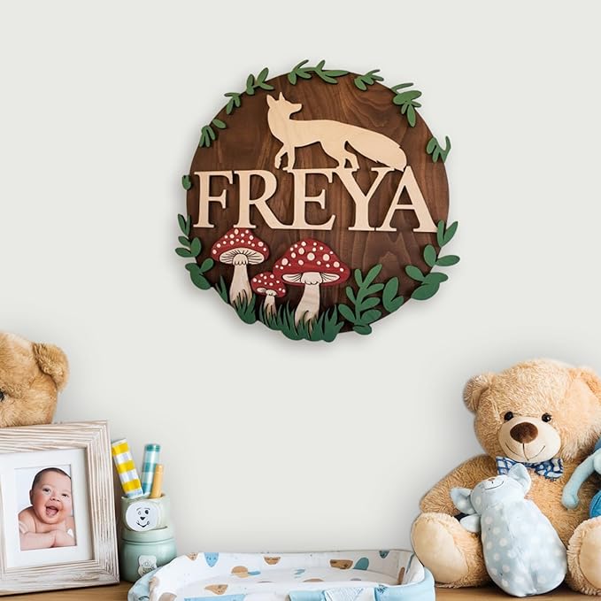Personalized Nursery Sign, Animals Wooden Sign with Name, Hello World Newborn Sign, Fox Sign for Kid Room Decor, Baby Gifts for Boy, Custom Baby Name Sign, Baby Boy Wall Art Bedroom