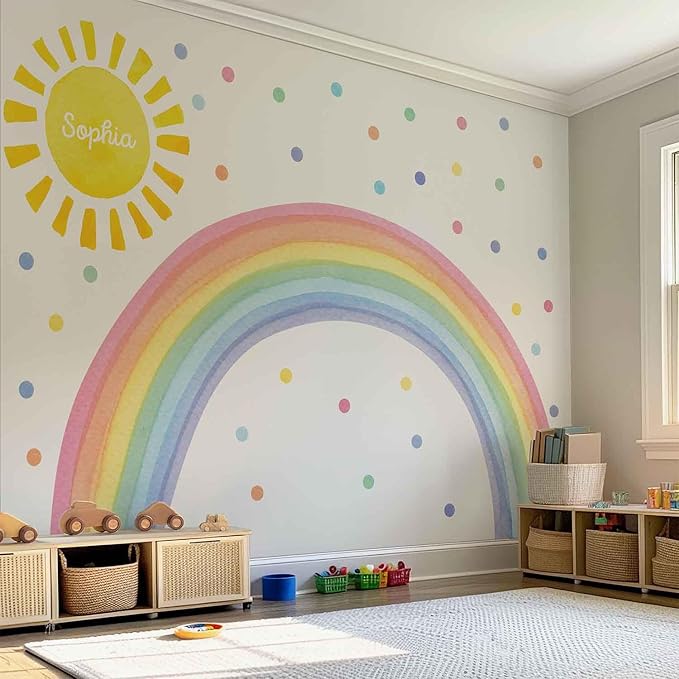 Watercolor Rainbow, Sun, Polka Dots Wall Decal for Kids Room, Nursery, Baby Room Decor, Polka Dots Mural, Rainbow Wallpaper (Rainbow-Sun-Polkadots, XXLarge)