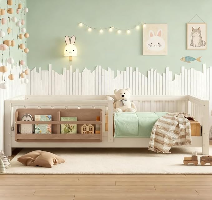 Bellemave Twin Size Floor Bed with high Rails and with Built-in Bookshelf for Kids, Girls, Boys, Wood Montessori Floor Bed Without Door, Beige