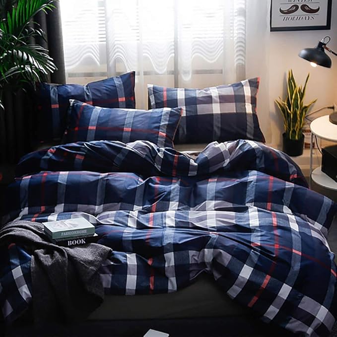 Jumeey Navy Plaid Duvet Cover Dark Blue Bedding Set King Grid Buffalo Checkered Duvet Cover Men Women Boys Teens Tartan Check Grid Bedding King Size