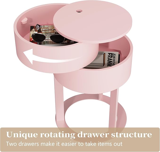 Round Side Table with Hidden Storage Drawers, Modern Nightstand with Swivel Drawer, Minimalist Bedside Table for Bedroom, Living Room, Pink