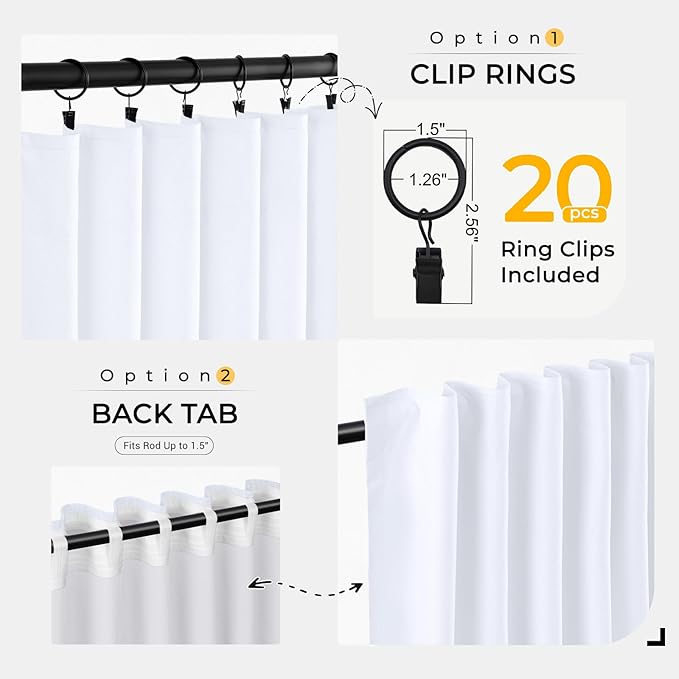 INOVADAY 100% Blackout Curtains for Bedroom, Black Out Curtains 120 Inch Long, Clip Rings Linen Blackout Drapes, Thermal Insulated Room Darkening for Living Room, 2 Panels - Brightwhite,W50xL120