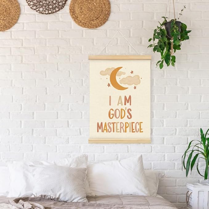PLKMN Christian Nursery Wall Decor, I am God's Masterpiece Wall Art with Wooden Poster Hanger, Boho Moon Christian Wall Decor for Nursery Kids Room Sunday School Preschool Classroom, 12x16 Inch