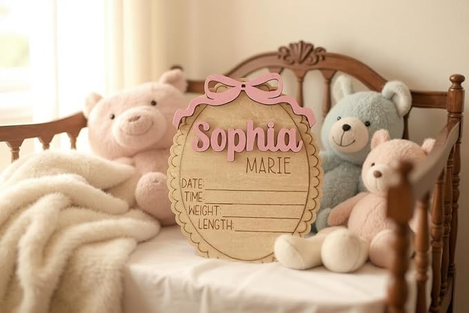 Personalized Baby Announcement Sign with Bow, Custom 3D Layered Scalloped Edge Name & Birth Stat Board for Newborn Photos (Stat Sign)