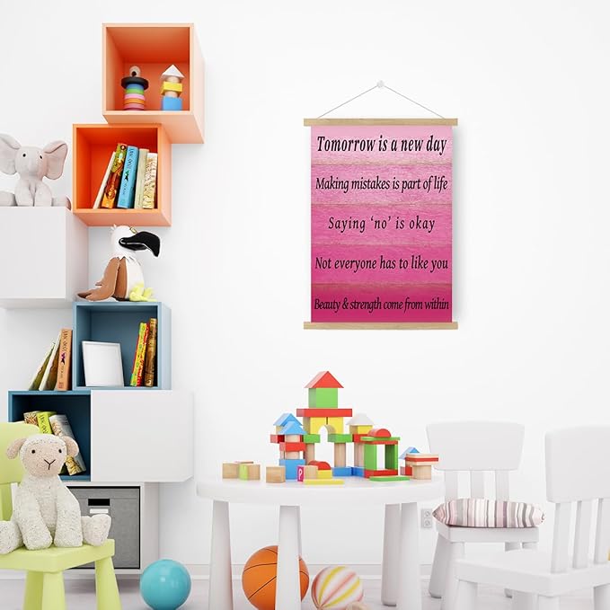 Qswo Inspirational Quotes Wall Decor for Women,Tomorrow Is a New Day Pink Wall Art Poster Hanger Frame,Motivational Hanging Canvas Wall Decor for Girl Room Home Office
