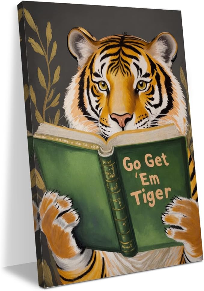 Motivational Tiger Reading Book Lovers Gifts Bookish Gifts Wall Decor Canvas Wall Art Framed Prints Artwork for Home Living Room Library Office Humorous Study Decorations Painting 11.5X14.5 Inch