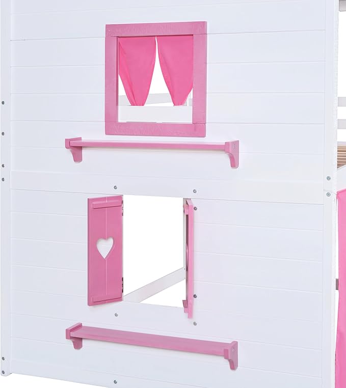 Twin Size House Bunk Bed with Elegant Windows and Sills, Solid Wood Tent Bed Frame with Guardrails for Kids Teens Boys Girls, Versatile Spacious Under Bed Space with Curtains (Pink+White T)