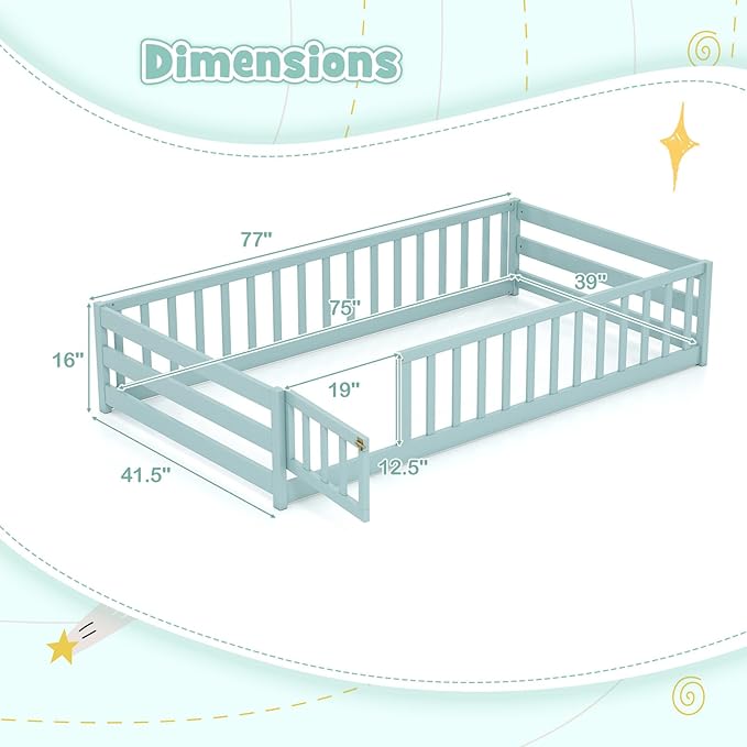 KOMFOTT Twin Size Wood Floor Bed with Door & Fence, Montessori Bed Frame with Full Length Safety Guardrails, Door & Latch, Wooden Montessori Floor Bed for Kids, Girls, Boys (Twin,Green)
