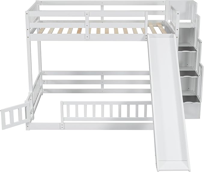 Twin Over Full Bunk Bed with Slide, Solid Wood Bunk Bed with Safety Guardrails and Storage Staircase for Kids Teens Boys Girls Bedroom, Space Saving Design (White-30c)