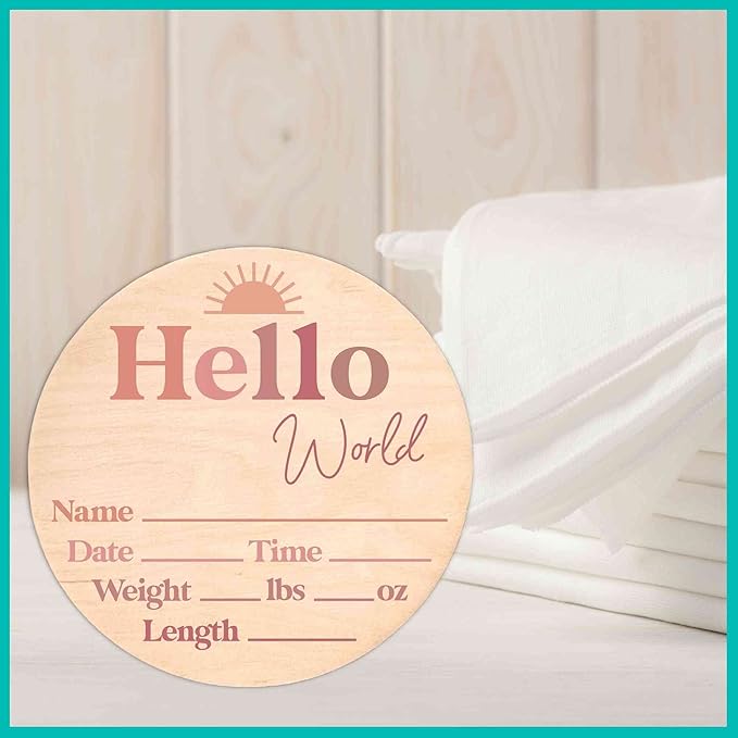 Hello World Newborn Sign - Baby Name Birth Announcement Plaque for Hospital - Photo Prop - Nursery Decor - Shower Gift