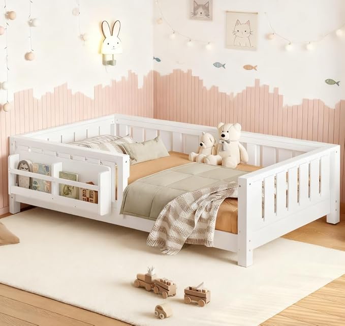 Bellemave Twin Size Floor Bed with high Rails and with Built-in Bookshelf for Kids, Girls, Boys, Wood Montessori Floor Bed Without Door, White