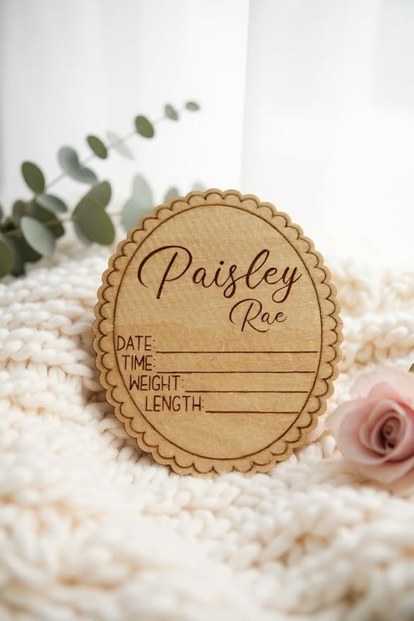 Personalized Engraved Scallop Edge Baby Name Sign, Birth Announcement Plaque, Baby Shower - Newborn Keepsake (All 3 Signs Bundle)