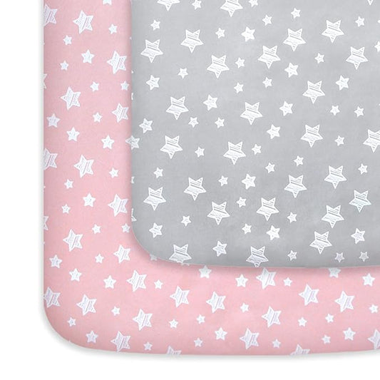 Pack and Play Sheets Girl, Mini Crib Sheets, Stretchy Pack n Play Playard Fitted Sheet, Compatible with Graco Pack n Play, Soft and Breathable Material, Grey & Pink