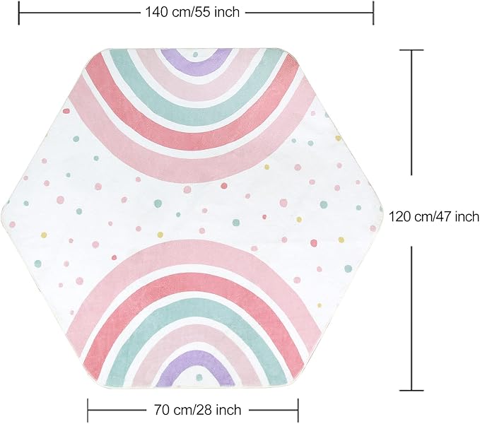 STARUIA Pink Rainbow Rug for Playroom, 55"x47" Washable Hexagon Kids Rug for Baby Girls Princess Tent Castle, Non-Slip Nursery Rugs Ultra Soft Play Carpet for Bedroom Classroom Dorm