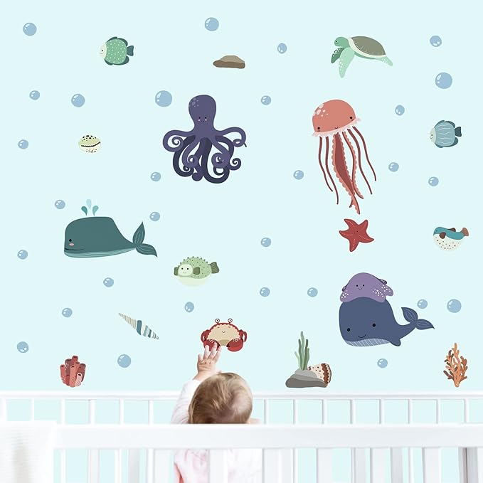 Sea Life Wall Decals Removable Vinyl Ocean Decor Stickers for Boys Girls Bedroom Bathroom Baby Room Nursery Classroom Decoration